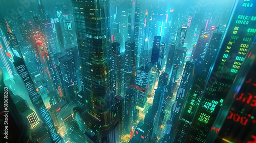 High-angle view of a futuristic financial hub
