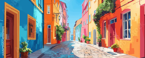 Urban perspective with narrow streets and colorful house facades. Digital art style vector flat minimalistic isolated illustration.