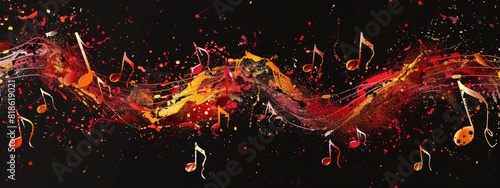 Musical note background splash, isolated black background . Generative ai