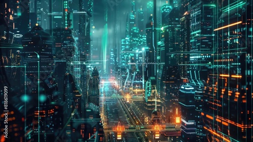 A futuristic scene where AI entities manage a paradigm shift in a massive cyberspace network, depicted as a glowing, sprawling digital city