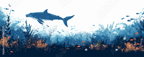 Underwater landscape. Seaweed and reef, fish shoal, whale and manta, turtle or marlin silhouettes in n ocean. vector simple illustration