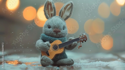 A plush rabbit toy playing the guitar