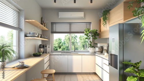 A modern residential kitchen with an air source heat pump installed discreetly beneath the window