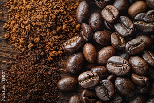 Close-up of dark roasted coffee beans and ground coffee.