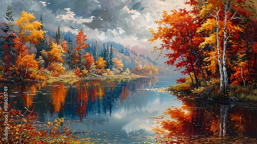 A river valley in autumn oil painting on canvas, with colorful trees and calm water