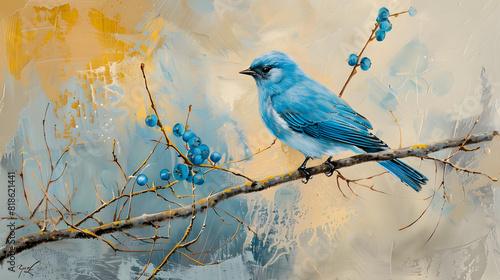 A watercolor painting of a bluebird perched on a branch.
