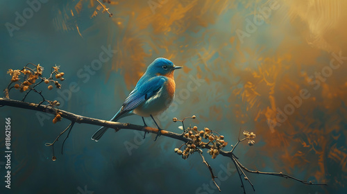 A watercolor painting of a bluebird perched on a branch.