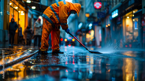 Urban Janitor Sweeping City Street 