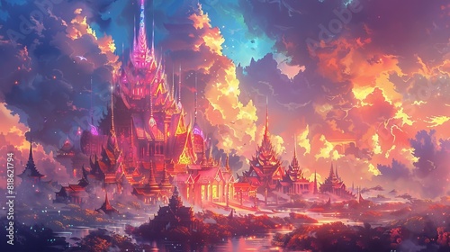 Fantasy landscape with floating islands and a castle