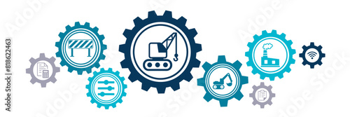 Process automation vector illustration. Concept with connected icons related to optimization of manufacturing or production processes, automated industrial machines, operation management.