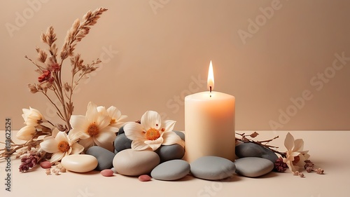 Spa Konzept, Aroma Kerzen mit Dekoration, Blumen und Hot Stones,Burning candle on beige background.Aroma candle mock up, warm aesthetic composition. Cozy home comfort, relaxation and wellness concept.