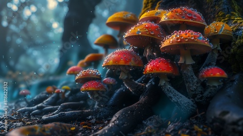 A cluster of colorful mushrooms nestled among the roots of an ancient oak tree, their caps glistening with dewdrops.