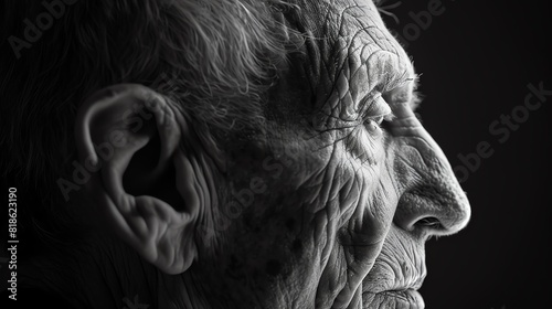 A side profile of a distinguished elderly man with deep wrinkles and a thoughtful expression, black and white photography, high contrast, sharp focus, dramatic lighting