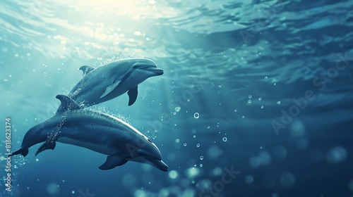 Dolphins exhibiting playful behavior in deep ocean