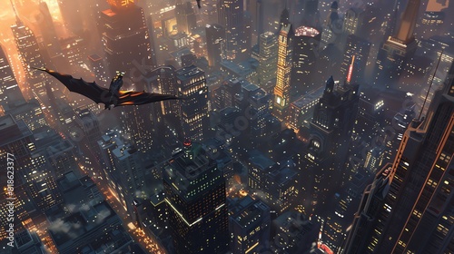 Dramatic birds-eye view of a superhero soaring above Gotham City