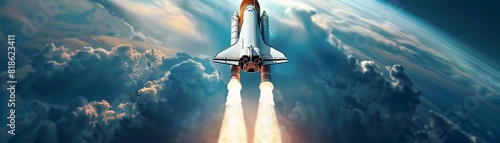Shuttle soaring skyward, symbolizing human ambition and the quest for space exploration