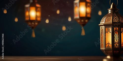 Eid Al adha decoration Traditional Islamic lantern with Crescent moon on dark blue silk background