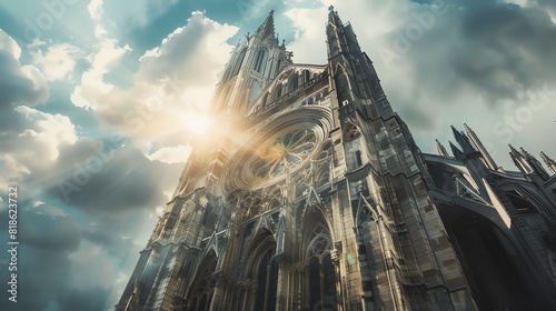 Low-angle view of a grand historical cathedral with Gothic architecture, sunlight breaking through clouds, photorealistic details, capturing a sense of awe and reverence
