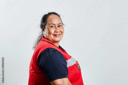 Studio Photography portrait of a 40 years old Polynesian woman. A smiling worker in uniform 3:2