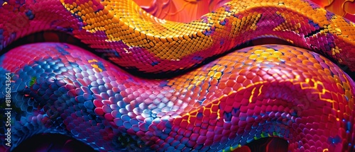 The image is of a brightly colored snake coiled up. The snake has yellow, orange, red and blue scales.