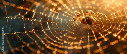 The spider sits in the center of its web, waiting for prey. The web is covered in dew, which sparkles in the sunlight.