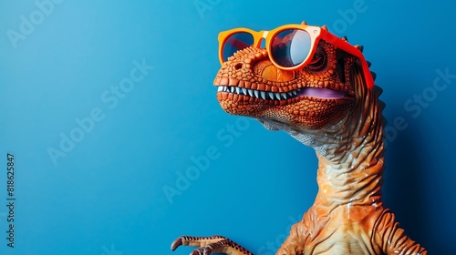 Coo red dinosaur wearing orange sunglasses on blue background
