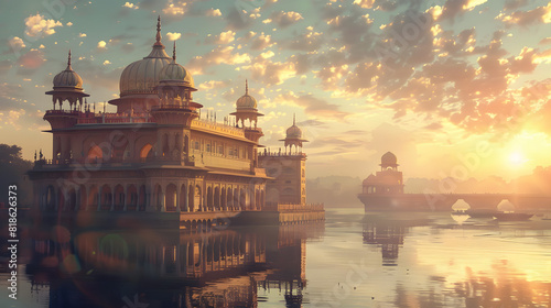  a beautiful palace with intricate architecture and a golden dome, with the sun rising