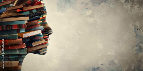 An artistic representation of a human head surrounded by books, representing creativity and the mind's development through knowledge and learning.