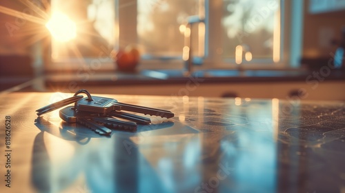 A set of keys resting on a sleek, modern kitchen counter in a newly purchased apartment, with soft morning light streaming through the window