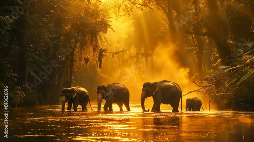 A family of elephants crossing a river in the golden light of dawn.