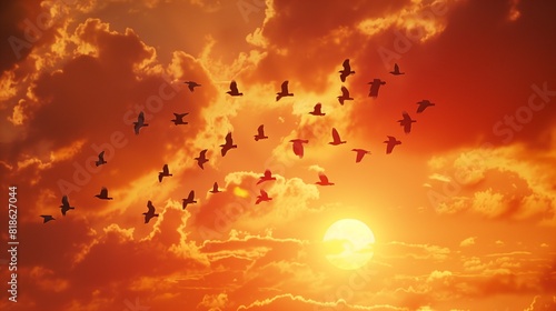 A flock of migrating birds silhouetted against the fiery hues of a sunset sky as they soar over a vast, untamed wilderness.