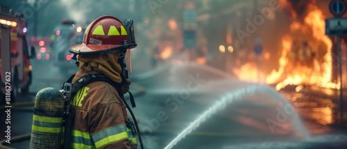 A firefighter in action, extinguishing a large blaze with a hose, demonstrating bravery and skill in a dangerous situation.