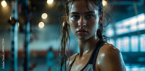 A woman in a gym with wet hair.