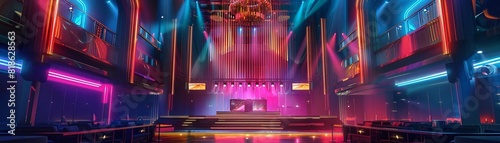 The epicenter of nightlife, a stage surrounded by intense neon lights in a modern music hall