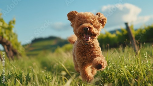 Experience pure joy as a cute toy poodle dashes through a grassy meadow beside a vineyard under the brilliant blue sky of a sunny day