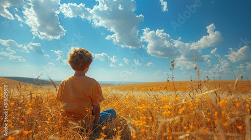 A clear sky and a meadow with a young boy, representing the harmony between nature and childhood, symbolizing Children's Day on June 1.