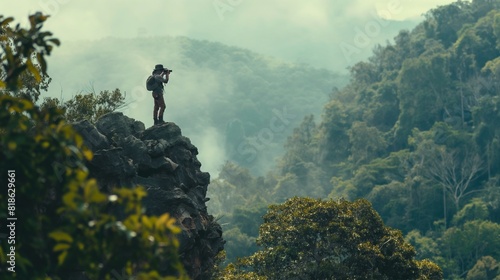 A hunter perched atop a rocky ledge, scanning the jungle below through a pair of high-powered binoculars.