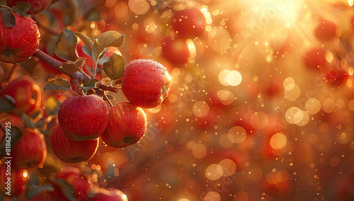 Red apple fruits on a tree branch with sunlight and bokeh background. Created with Ai