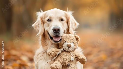 Golden retriever dog holding a bear rag doll