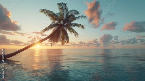 A lone palm tree leaning out over the water, its fronds swaying gently in the sea breeze as the sun sets behind it.