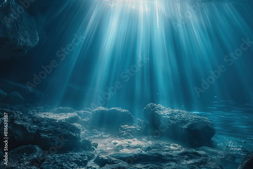 The sun's rays underwater illuminate the seabed. Underwater background with sun rays. Blue ocean or sea depth blue background.