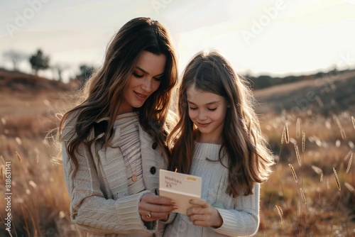 Young Caucasian Mother and Daughter Sharing a Sentimental Postcard