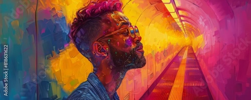 A man with a beard and sunglasses looks up at the sky, which is filled with colorful light.