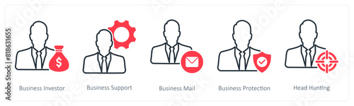 A set of 5 Business and Office icons as business investor, business support, business mail