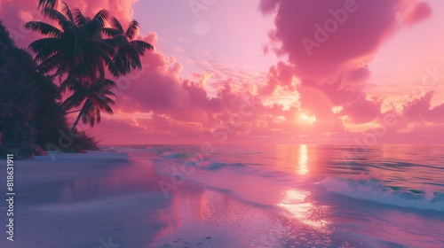 A panoramic view of a tropical beach at sunrise, with the sky ablaze in shades of pink and orange above the horizon.