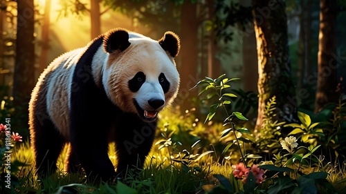 Panda in forest. Generative AI