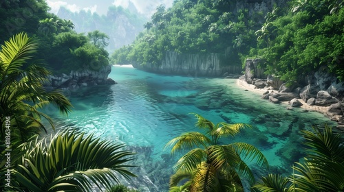A secluded cove with turquoise waters surrounded by lush vegetation, hidden away from the rest of the world.