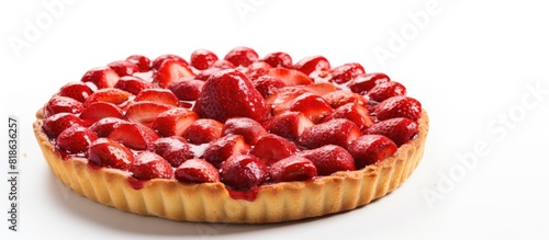 A strawberry tart is placed on a white background leaving ample space for additional images or text