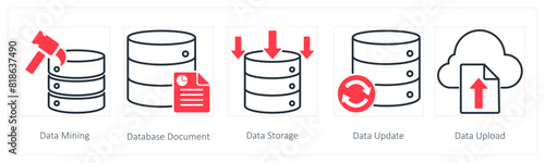 A set of 5 Seo icons as data mining, database document, data storage