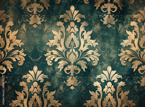 Old vintage damask wallpaper pattern, gold and dark green. Createdv with Ai
